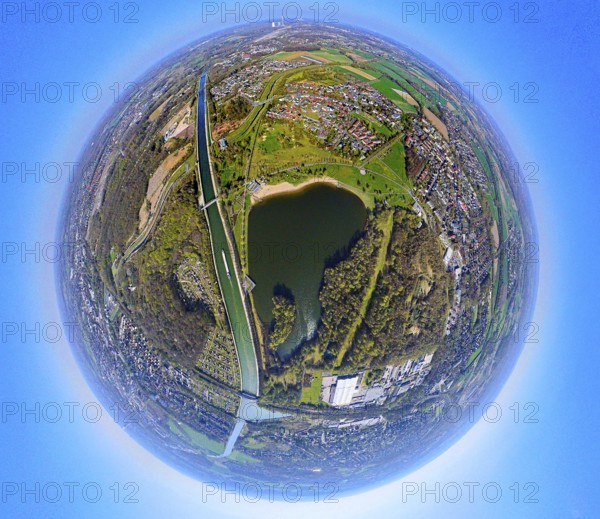 Aerial view, SeePark with Horstmarer See at the Datteln-Hamm Canal, Earth globe, fisheye image, fisheye image, 360 degree image, tiny world, little planet, fisheye image, Horstmar, Lünen, Ruhr area, North Rhine-Westphalia, Germany, DE, Europe, fisheye lens, fisheye lens, aerial view, aerial photography, aerial photography, lake, super wide angle lens, overview, bird's eye view, birds-eyes view, fisheye lens, insta360 camera, overview
