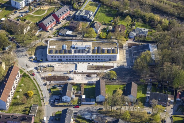 Aerial view, construction site and new building of the Osterfeldschule, Lünen, Ruhr area, North Rhine-Westphalia, Germany, construction work, construction area, construction site, building plots, construction project, construction site, education, educational institution, DE, Europe, educational institute, aerial view, aerial photography, aerial photography, Münsterland, school, overview, bird's-eye view, overview