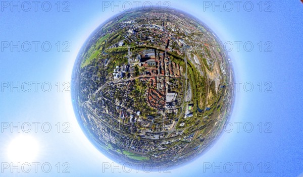 Aerial photo, Lünen Mitte residential area local view centre and river Lippe, earth globe, fisheye image, fisheye image, 360 degree image, tiny world, little planet, fisheye image, Lünen, Ruhr area, North Rhine-Westphalia, Germany, DE, Europe, fisheye lens, fisheye lens, property tax, real estate, aerial photography, aerial photography, aerial photography, super wide angle lens, overview, bird's eye view, housing estate, housing and living, residential area, quality of living, residential neighbourhood, housing estate, residential area, birds-eyes view, fisheye lens, insta360 camera, overview