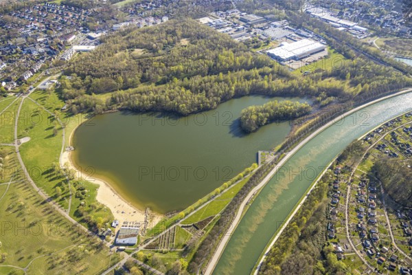 Aerial view, Horstmarer See at the Datteln-Hamm Canal, Seepark Lünen forest area, Horstmar, Lünen, Ruhr area, North Rhine-Westphalia, Germany, DE, Europe, aerial view, aerial photography, aerial photography, Münsterland, overview, bird's eye view, birds-eyes view, overview