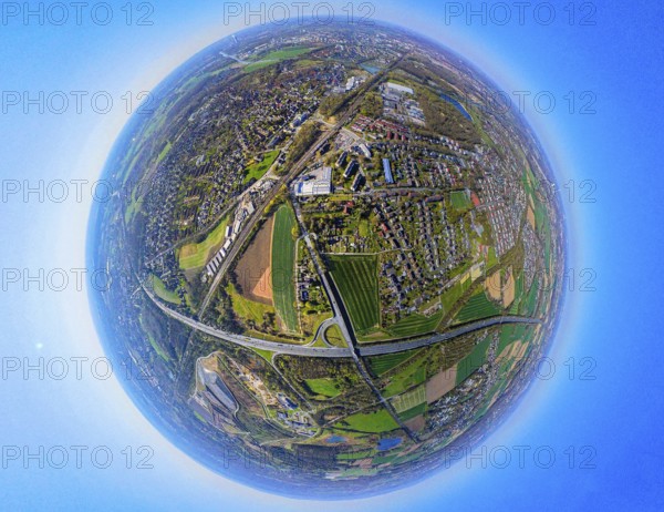 Aerial view, residential area, view of Lünen-Süd and motorway A2, globe, fisheye image, 360 degree image, tiny world, little planet, fisheye image, Altenderne, Lünen, Ruhr area, North Rhine-Westphalia, Germany, DE, Europe, fisheye lens, fisheye lens, property tax, real estate, aerial photography, aerial photography, street traffic, super wide angle lens, overview, bird's eye view, housing estate, housing and living, residential area, quality of living, residential neighbourhood, housing estate, residential area, birds-eyes view, fisheye lens, insta360 camera, overview