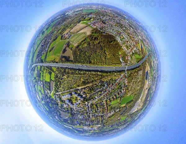 Aerial view, residential area, view of Lünen-Süd and motorway A2, globe, fisheye image, 360 degree image, tiny world, little planet, fisheye image, Altenderne, Lünen, Ruhr area, North Rhine-Westphalia, Germany, DE, Europe, fisheye lens, fisheye lens, property tax, real estate, aerial photography, aerial photography, street traffic, super wide angle lens, overview, bird's eye view, housing estate, housing and living, residential area, quality of living, residential neighbourhood, housing estate, residential area, birds-eyes view, fisheye lens, insta360 camera, overview
