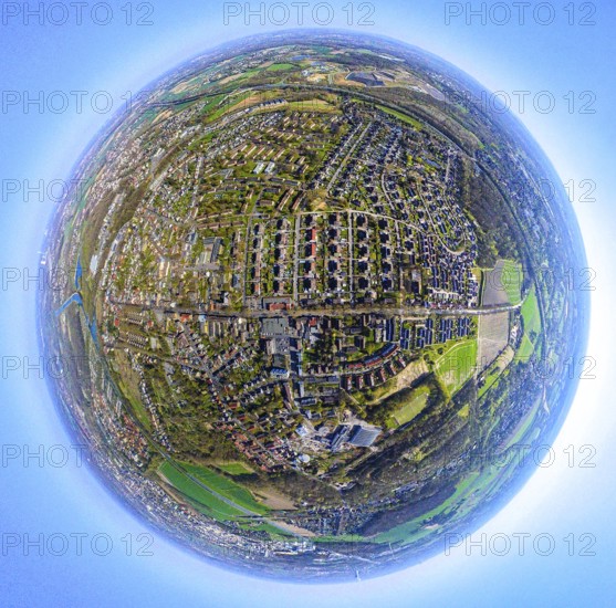 Aerial photo, residential area, local view Lünen-North, globe, fisheye shot, 360 degree shot, tiny world, little planet, fisheye image, Nordlünen, Lünen, Ruhr area, North Rhine-Westphalia, Germany, DE, Europe, fisheye lens, fisheye lens, property tax, real estate, aerial photography, aerial photography, super wide angle lens, overview, bird's eye view, housing estate, housing and living, residential area, quality of living, residential neighbourhood, housing estate, residential area, birds-eyes view, fisheye lens, insta360 camera, overview