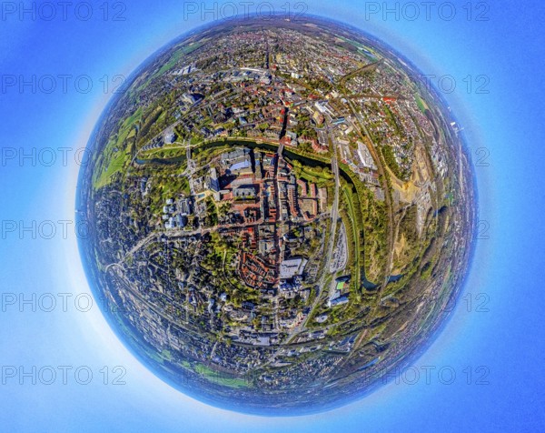 Aerial photo, Lünen Mitte residential area local view centre and river Lippe, earth globe, fisheye image, fisheye image, 360 degree image, tiny world, little planet, fisheye image, Lünen, Ruhr area, North Rhine-Westphalia, Germany, DE, Europe, fisheye lens, fisheye lens, property tax, real estate, aerial photography, aerial photography, aerial photography, super wide angle lens, overview, bird's eye view, housing estate, housing and living, residential area, quality of living, residential neighbourhood, housing estate, residential area, birds-eyes view, fisheye lens, insta360 camera, overview