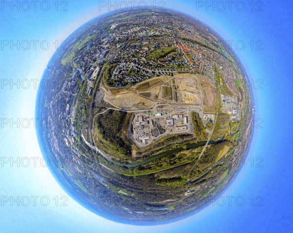 Aerial view, brownfield area Landschaftspark Viktoria Westfaliastraße for planned IGA 2027 and future garden, Alte Viktoriazeche, Lünen Ost, earth globe, fisheye image, fisheye image, 360 degree image, tiny world, little planet, fisheye image, Lünen, Ruhr area, North Rhine-Westphalia, Germany, DE, Europe, fisheye lens, fisheye lens, aerial view, aerial photography, aerial photography, super wide angle lens, overview, bird's eye view, birds-eyes view, fisheye lens, insta360 camera, overview
