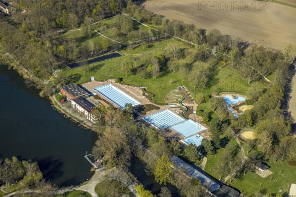 Aerial view, outdoor swimming pool Cappenberger See, Nordlünen, Lünen, Ruhr area, North Rhine-Westphalia, Germany, DE, Europe, aerial photography, aerial photography, aerial photography, Münsterland, overview, bird's eye view, birds-eyes view, overview