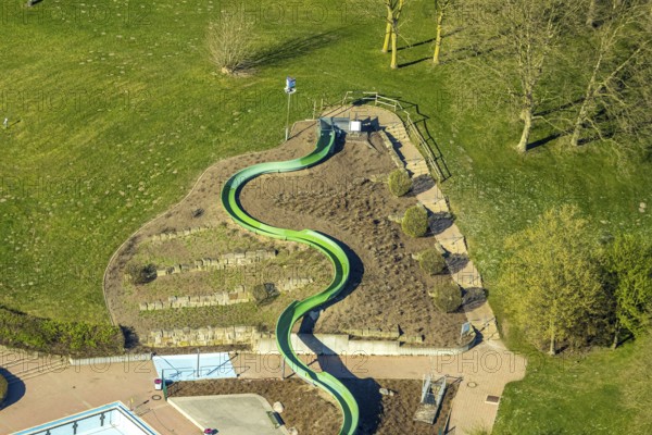 Aerial view, water slide at the outdoor swimming pool Cappenberger See, Nordlünen, Lünen, Ruhr area, North Rhine-Westphalia, Germany, DE, Europe, aerial view, aerial photography, aerial photography, Münsterland, overview, bird's eye view, birds-eyes view, overview