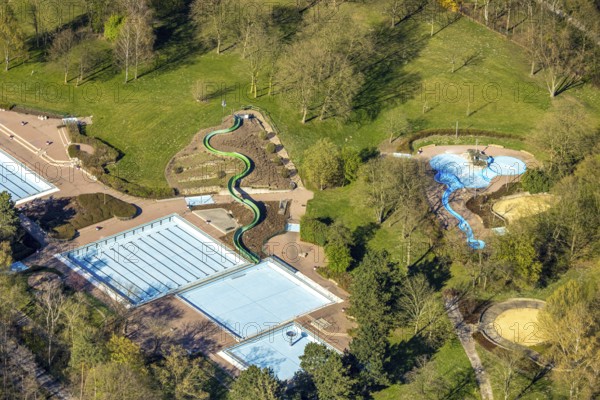 Aerial view, outdoor swimming pool Cappenberger See with water slide, Nordlünen, Lünen, Ruhr area, North Rhine-Westphalia, Germany, DE, Europe, aerial view, aerial photography, aerial photography, Münsterland, overview, bird's eye view, birds-eyes view, overview