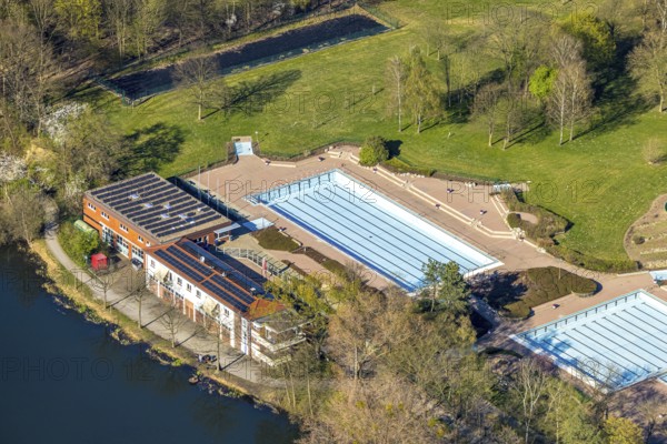 Aerial view, outdoor swimming pool Cappenberger See, Nordlünen, Lünen, Ruhr area, North Rhine-Westphalia, Germany, DE, Europe, aerial photography, aerial photography, aerial photography, Münsterland, overview, bird's eye view, birds-eyes view, overview