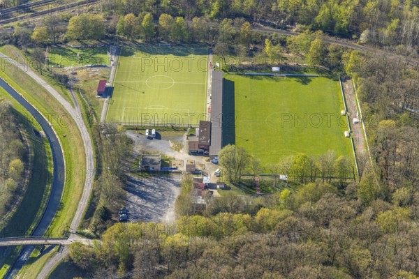 Aerial view, sports facility football stadium Kampfbahn Schwansbell of Lüner SV, Horstmar, Lünen, Ruhr area, North Rhine-Westphalia, Germany, DE, Europe, football pitch, football stadium, aerial view, aerial photography, aerial photography, Münsterland, sport, sports facilities, sports field, sports venue, stadium, overview, bird's-eye view, overview