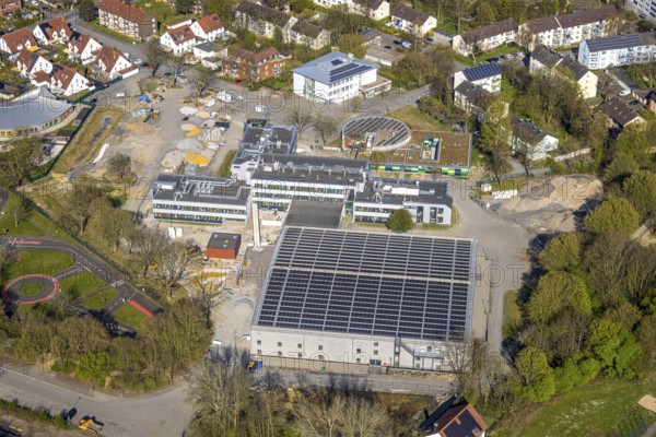 Aerial view, Käthe-Kollwitz-Gesamtschule und Sporthalle, Lünen-Süd, Lünen, Ruhr area, North Rhine-Westphalia, Germany, education, educational institution, DE, Europe, comprehensive school, kindergarten, day care centre, day nursery, day care centre, teaching institute, aerial photograph, aerial photography, aerial photography, Münsterland, school, overview, bird's-eye view, overview