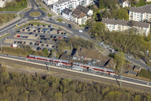 Aerial view, Lünen Preußen station, station building with S-Bahn and platform, Lünen, Ruhr area, North Rhine-Westphalia, Germany, railway area, station, station forecourt, platform, DE, Deutsche Bahn AG, Europe, track systems, tracks, aerial view, aerial photography, aerial photography, Münsterland, overview, bird's-eye view, overview