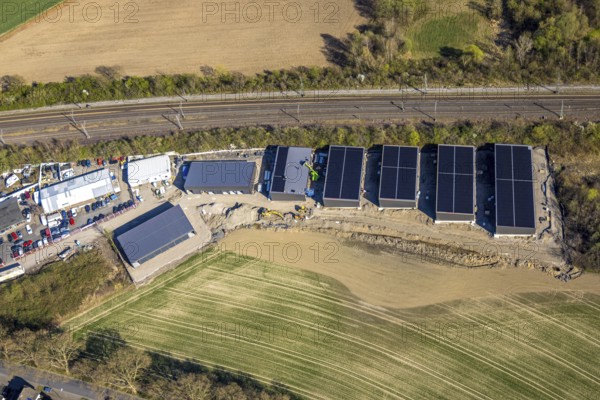 Aerial view, construction area on the railway line, Derner Straße industrial estate, Horstmar, Lünen, Ruhr area, North Rhine-Westphalia, Germany, construction work, construction area, building site, building plots, construction project, construction site, DE, Europe, aerial photograph, aerial photography, aerial photography, Münsterland, overview, bird's-eye view, bird's-eye view, overview