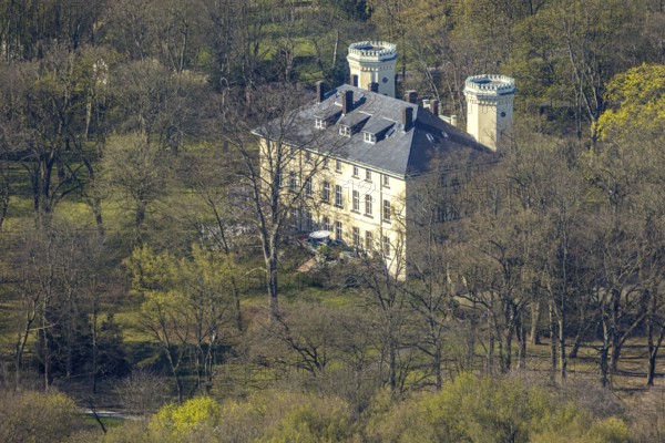 Aerial view, Schwansbell Castle with two towers, former knight's seat of the Lords of Schwansbell, Horstmar, Lünen, Ruhr area, North Rhine-Westphalia, Germany, DE, monument protection, Europe, aerial view, aerial photography, aerial photography, Münsterland, private property, castle, overview, bird's-eye view, overview