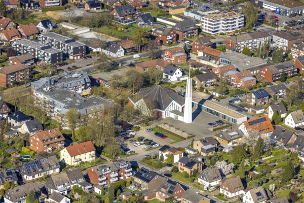 Aerial view, catholic church St. Norbert with free-standing church tower, Nordlünen, Lünen, Ruhr area, North Rhine-Westphalia, Germany, DE, Europe, aerial view, aerial photography, aerial photography, Münsterland, overview, bird's eye view, birds-eyes view, overview