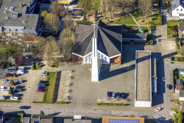 Aerial view, catholic church St. Norbert with free-standing church tower, Nordlünen, Lünen, Ruhr area, North Rhine-Westphalia, Germany, DE, Europe, aerial view, aerial photography, aerial photography, Münsterland, overview, bird's eye view, birds-eyes view, overview
