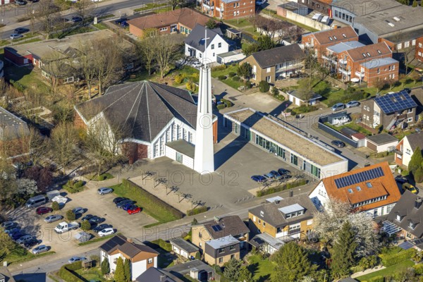 Aerial view, catholic church St. Norbert with free-standing church tower, Nordlünen, Lünen, Ruhr area, North Rhine-Westphalia, Germany, DE, Europe, aerial view, aerial photography, aerial photography, Münsterland, overview, bird's eye view, birds-eyes view, overview