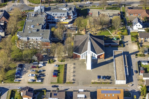Aerial view, catholic church St. Norbert with free-standing church tower, Nordlünen, Lünen, Ruhr area, North Rhine-Westphalia, Germany, DE, Europe, aerial view, aerial photography, aerial photography, Münsterland, overview, bird's eye view, birds-eyes view, overview