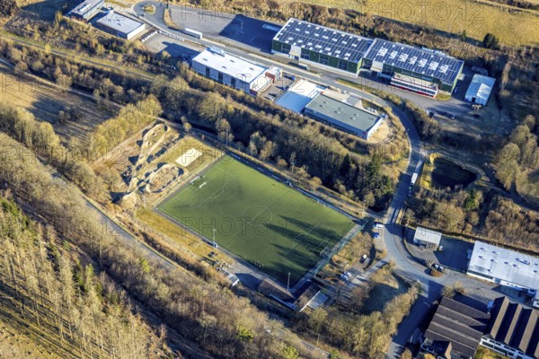 Aerial view, sports ground SSV Kirchveischede and Bikepark, commercial area Kirchveischede, Lennestadt, Sauerland, North Rhine-Westphalia, Germany, DE, Europe, football pitch, football stadium, football club, commercial enterprises, commercial area, commercial area, commercial property, commercial site, commercial use, industrial area, industrial site, aerial view, aerial photography, aerial photography, sports, sports facilities, sports ground, sports facility, stadium, overview, bird's eye view, birds-eyes view, overview