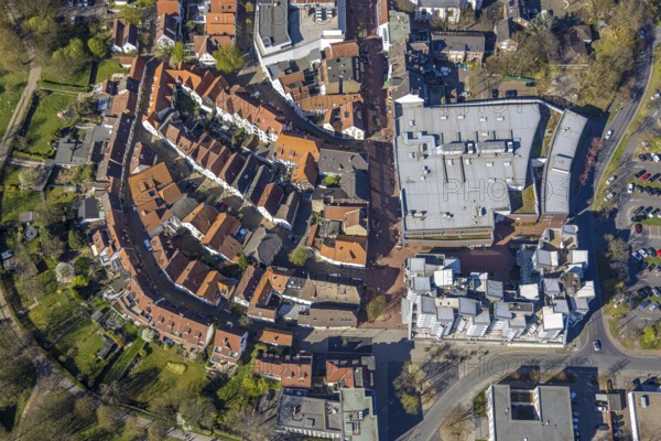 Aerial view, shopping centre at Christinentor, office high-rise buildings at Christinentor, old town old quarter historic houses with red roofs Silberstraße, Lünen, Ruhr area, North Rhine-Westphalia, Germany, DE, Europe, aerial view, aerial photography, aerial photography, Münsterland, overview, bird's eye view, birds-eyes view, overview