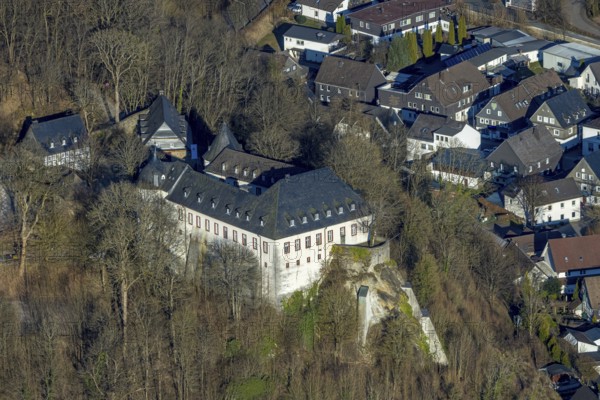 Aerial view, Bilstein Castle, youth hostel and historical sight, Bilstein, Lennestadt, Sauerland, North Rhine-Westphalia, Germany, castle, DE, DJH youth hostel, Europe, youth hostel, aerial photograph, aerial photography, aerial photography, castle, overview, bird's-eye view, birds-eyes view, overview