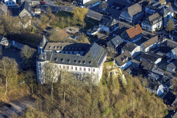 Aerial view, Bilstein Castle, youth hostel and historical sight, Bilstein, Lennestadt, Sauerland, North Rhine-Westphalia, Germany, castle, DE, DJH youth hostel, Europe, youth hostel, aerial photograph, aerial photography, aerial photography, castle, overview, bird's-eye view, birds-eyes view, overview