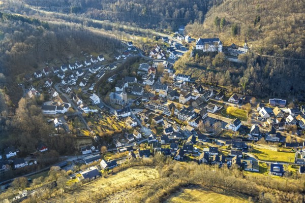 Aerial view, residential area, view of Bilstein district with castle, Bilstein, Lennestadt, Sauerland, North Rhine-Westphalia, Germany, castle, DE, Europe, property tax, real estate, aerial view, aerial photography, aerial photography, overview, bird's-eye view, residential complex, housing and living, residential area, residential quality, residential neighbourhood, housing estate, residential district, birds-eyes view, overview