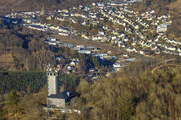 Aerial view, Hohe Bracht Café and Observation Tower, Bilstein, Lennestadt, Sauerland, North Rhine-Westphalia, Germany, viewpoint, observation tower, mountain top, café, DE, monument, recreation area, Europe, inn, gastronomy, aerial view, aerial photography, aerial photography, restaurant, broadcasting tower, tower, overview, bird's eye view, birds-eyes view, overview