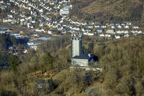 Aerial view, Hohe Bracht Café and Observation Tower, Bilstein, Lennestadt, Sauerland, North Rhine-Westphalia, Germany, viewpoint, observation tower, mountain top, café, DE, monument, recreation area, Europe, inn, gastronomy, aerial view, aerial photography, aerial photography, restaurant, broadcasting tower, tower, overview, bird's eye view, birds-eyes view, overview