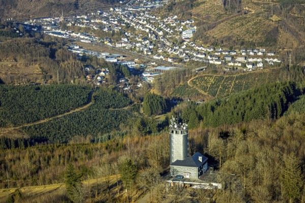 Aerial view, Hohe Bracht Café and Observation Tower, Bilstein, Lennestadt, Sauerland, North Rhine-Westphalia, Germany, viewpoint, observation tower, mountain top, café, DE, monument, recreation area, Europe, inn, gastronomy, aerial view, aerial photography, aerial photography, restaurant, broadcasting tower, tower, overview, bird's eye view, birds-eyes view, overview