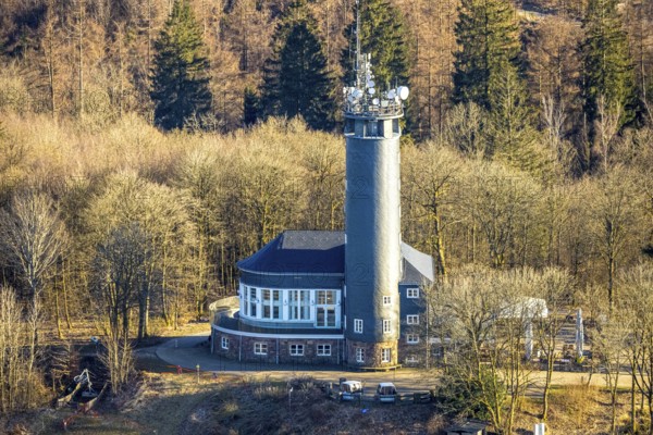 Aerial view, Hohe Bracht Café and Observation Tower, Bilstein, Lennestadt, Sauerland, North Rhine-Westphalia, Germany, viewpoint, observation tower, mountain top, café, DE, monument, recreation area, Europe, inn, gastronomy, aerial view, aerial photography, aerial photography, restaurant, broadcasting tower, tower, overview, bird's eye view, birds-eyes view, overview
