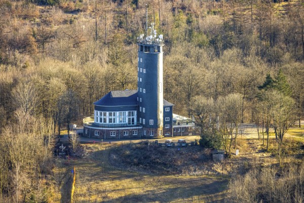 Aerial view, Hohe Bracht Café and Observation Tower, Bilstein, Lennestadt, Sauerland, North Rhine-Westphalia, Germany, viewpoint, observation tower, mountain top, café, DE, monument, recreation area, Europe, inn, gastronomy, aerial view, aerial photography, aerial photography, restaurant, broadcasting tower, tower, overview, bird's eye view, birds-eyes view, overview