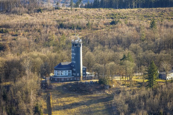 Aerial view, Hohe Bracht Café and Observation Tower, Bilstein, Lennestadt, Sauerland, North Rhine-Westphalia, Germany, viewpoint, observation tower, mountain top, café, DE, monument, recreation area, Europe, inn, gastronomy, aerial view, aerial photography, aerial photography, restaurant, broadcasting tower, tower, overview, bird's eye view, birds-eyes view, overview