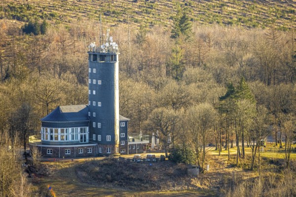 Aerial view, Hohe Bracht Café and Observation Tower, Bilstein, Lennestadt, Sauerland, North Rhine-Westphalia, Germany, viewpoint, observation tower, mountain top, café, DE, monument, recreation area, Europe, inn, gastronomy, aerial view, aerial photography, aerial photography, restaurant, broadcasting tower, tower, overview, bird's eye view, birds-eyes view, overview