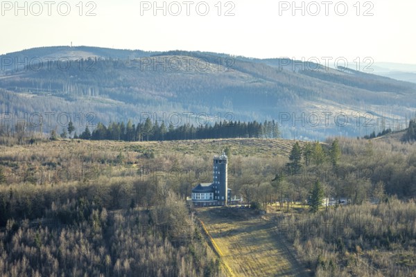 Aerial view, Hohe Bracht Café and Observation Tower, Bilstein, Lennestadt, Sauerland, North Rhine-Westphalia, Germany, viewpoint, observation tower, mountain top, café, DE, monument, recreation area, Europe, inn, gastronomy, aerial view, aerial photography, aerial photography, restaurant, broadcasting tower, tower, overview, bird's eye view, birds-eyes view, overview