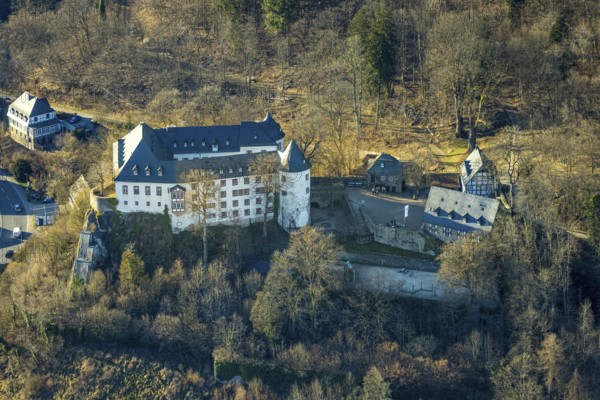 Aerial view, Bilstein Castle, youth hostel and historical sight, Bilstein, Lennestadt, Sauerland, North Rhine-Westphalia, Germany, castle, DE, DJH youth hostel, Europe, youth hostel, aerial photograph, aerial photography, aerial photography, castle, overview, bird's-eye view, birds-eyes view, overview