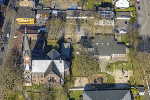 Aerial photo, evang. church Horstmar-Preußen, evang. kindergarten, Lünen, Ruhr area, North Rhine-Westphalia, Germany, DE, Europe, family centre, kindergarten, day-care centre, day-care centre, day-care centre, aerial photography, aerial photography, Münsterland, overview, bird's-eye view, overview