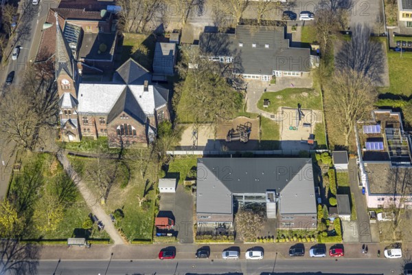 Aerial view, evang. church Horstmar-Preußen, evang. kindergarten, Haus Lutherstraße, Bethel, Lünen, Ruhr area, North Rhine-Westphalia, Germany, DE, Europe, family centre, kindergarten, day care centre, day care centre, aerial photograph, aerial photography, aerial photography, Münsterland, overview, bird's-eye view, birds-eyes view, overview