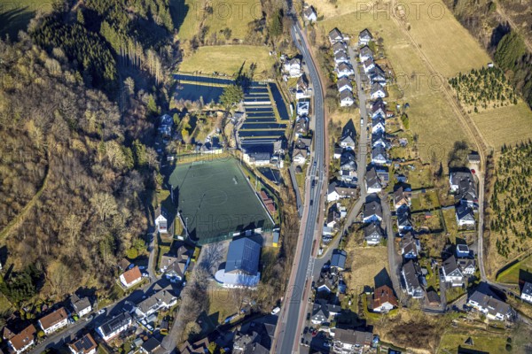 Aerial view, sports field SV Oberelspe, fish ponds fishing Linn, Oberelspe, Lennestadt, Sauerland, North Rhine-Westphalia, Germany, DE, Europe, aerial view, aerial photography, aerial photography, overview, bird's-eye view, overview