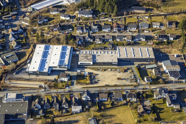 Aerial view, industrial estate with TRACTO-TECHNIK GmbH, Winterberger Straße, Saalhausen, Lennestadt, Sauerland, North Rhine-Westphalia, Germany, DE, Europe, commercial enterprises, commercial area, industrial estate, commercial property, business park, commercial location, commercial use, industrial location, aerial photograph, aerial photography, aerial photography, overview, bird's-eye view, bird's-eye view, overview