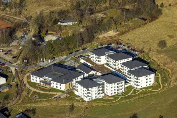 Aerial view, WohnGut Saalhausen Seniorenzentrum, Saalhausen, Lennestadt, Sauerland, North Rhine-Westphalia, Germany, retirement home, old people's home, care and nursing, DE, Europe, aerial view, aerial photography, aerial photography, care facility, retirement home, retirement residence, retirement home, senior centre, overview, bird's-eye view, overview