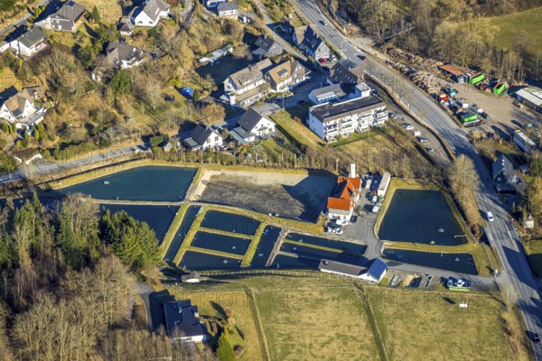 Aerial photo, trout farm fish ponds, Sauerland trout farm, Saalhausen, Lennestadt, Sauerland, North Rhine-Westphalia, Germany, DE, Europe, aerial view, aerial photography, aerial photography, overview, bird's-eye view, overview