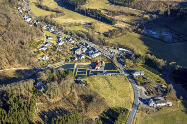 Aerial photo, trout farm fish ponds, Sauerland trout farm, Saalhausen, Lennestadt, Sauerland, North Rhine-Westphalia, Germany, DE, Europe, aerial view, aerial photography, aerial photography, overview, bird's-eye view, overview