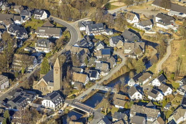 Aerial view, Church of St. Jodokus and Bridge River Lenne, Saalhausen, Lennestadt, Sauerland, North Rhine-Westphalia, Germany, place of worship, DE, Europe, religious community, place of worship, holy place, church, parish, denomination, aerial view, aerial photography, aerial photography, religion, religious site, overview, bird's-eye view, birds-eyes view, overview