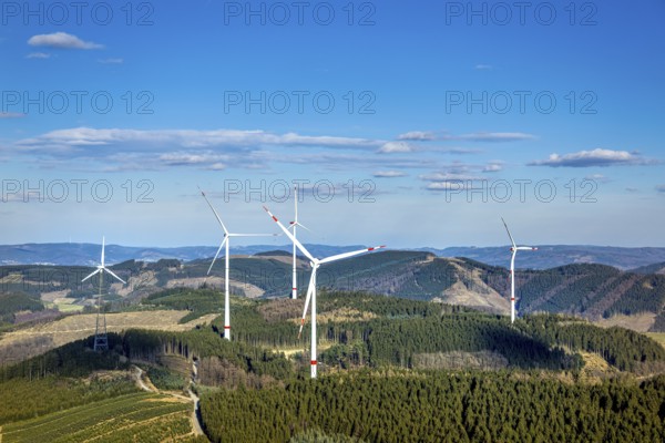 Aerial photo, wind turbine park, wind power plant, Langenei, blue sky and distant view, forest prayer with forest damage, Lennestadt, Sauerland, North Rhine-Westphalia, Germany, alternative energy, DE, Europe, aerial photo, aerial photography, aerial photography, overview, bird's-eye view, WEA, wind energy, wind power, wind farm, wind turbine, wind turbines, birds-eyes view, overview