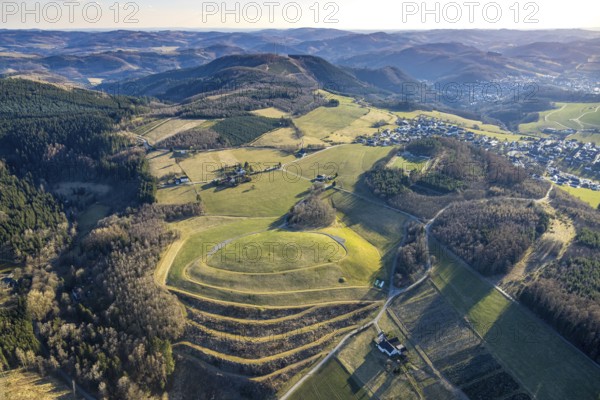 Aerial view, terraced meadow and field, with forest and hilly landscape Stöppel, Halberbracht, Lennestadt, Sauerland, North Rhine-Westphalia, Germany, DE, Europe, aerial view, aerial photography, aerial photography, overview, bird's-eye view, overview