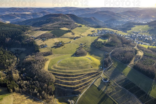 Aerial view, terraced meadow and field, with forest and hilly landscape Stöppel, Halberbracht, Lennestadt, Sauerland, North Rhine-Westphalia, Germany, DE, Europe, aerial view, aerial photography, aerial photography, overview, bird's-eye view, overview