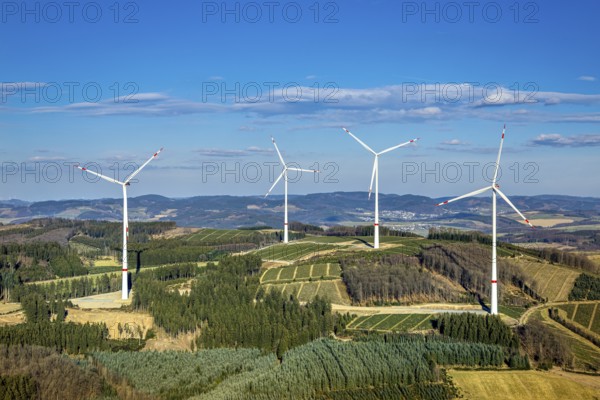 Aerial photo, wind turbine park, wind power plant, Langenei, blue sky and distant view, forest prayer with forest damage, Lennestadt, Sauerland, North Rhine-Westphalia, Germany, alternative energy, DE, Europe, aerial photo, aerial photography, aerial photography, overview, bird's-eye view, WEA, wind energy, wind power, wind farm, wind turbine, wind turbines, birds-eyes view, overview