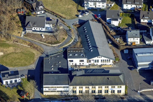 Aerial view, commercial area Hunold-Rumpstraße with PBS Pipe Bending Systems, Oedingen, Lennestadt, Sauerland, North Rhine-Westphalia, Germany, DE, Europe, commercial enterprises, commercial area, commercial property, commercial site, commercial use, industrial area, industrial site, aerial photograph, aerial photography, aerial photography, overview, bird's-eye view, bird's-eye view, overview