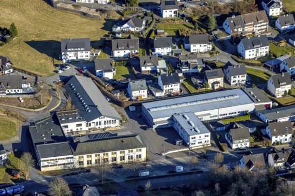 Aerial view, industrial area Hunold-Rumpstraße with Tracto-Technik and PBS Pipe Bending Systems, Oedingen, Lennestadt, Sauerland, North Rhine-Westphalia, Germany, DE, Europe, commercial enterprises, commercial area, commercial area, commercial property, commercial site, commercial use, industrial area, industrial site, aerial view, aerial photography, aerial photography, overview, bird's-eye view, bird's-eye view, overview